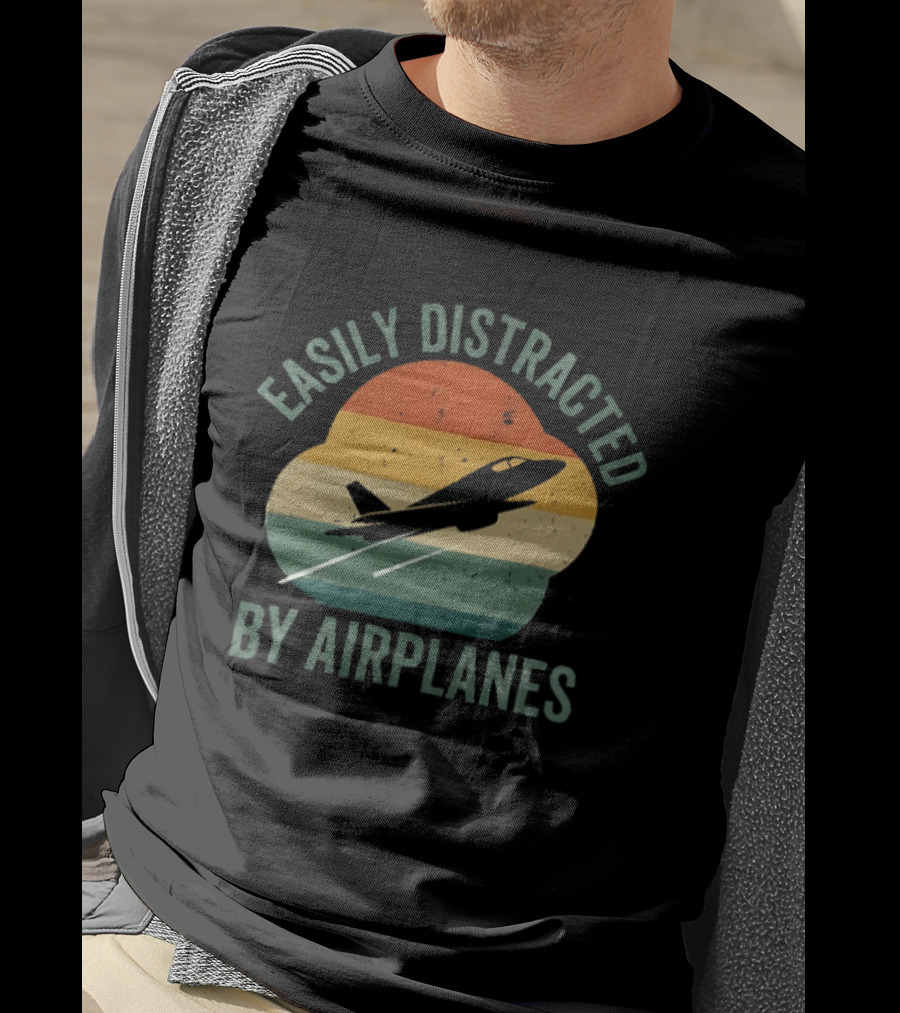Easily Distracted By Airplanes Retro Jet Vintage Stripes T-Shirt
