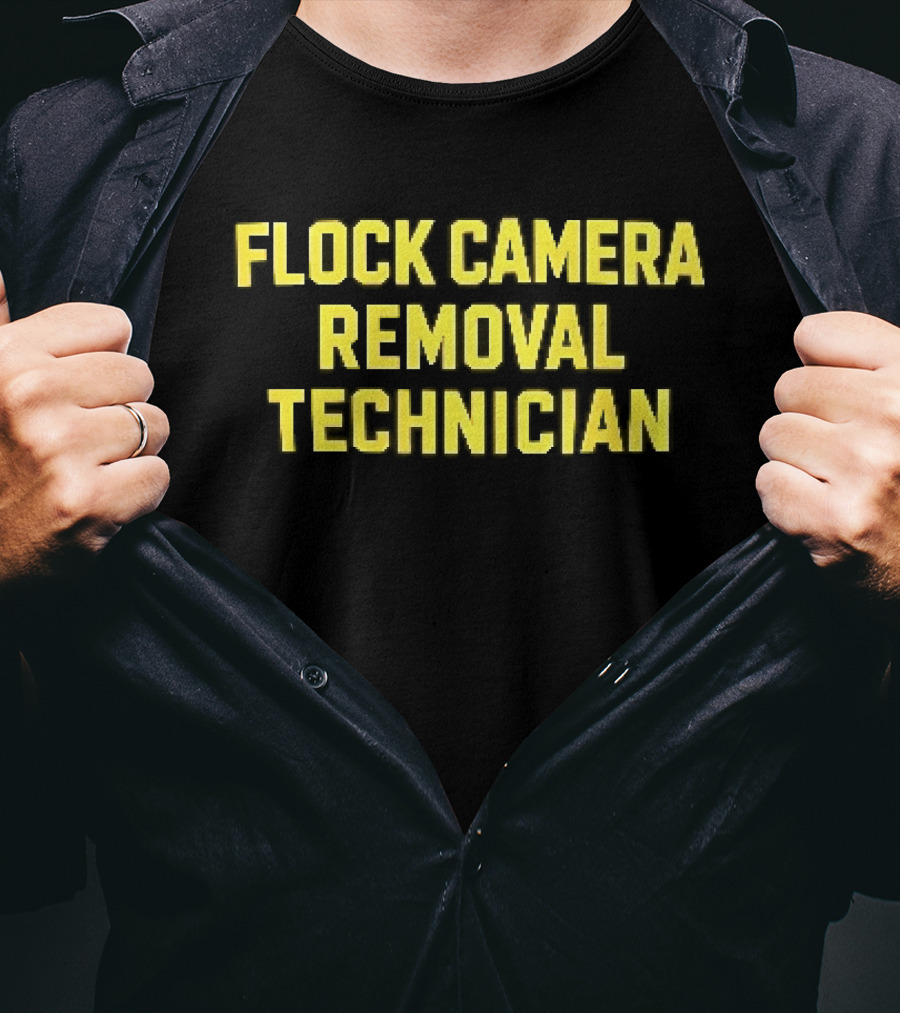 Flock Camera Removal Technician Yellow Varsity Block T-Shirt