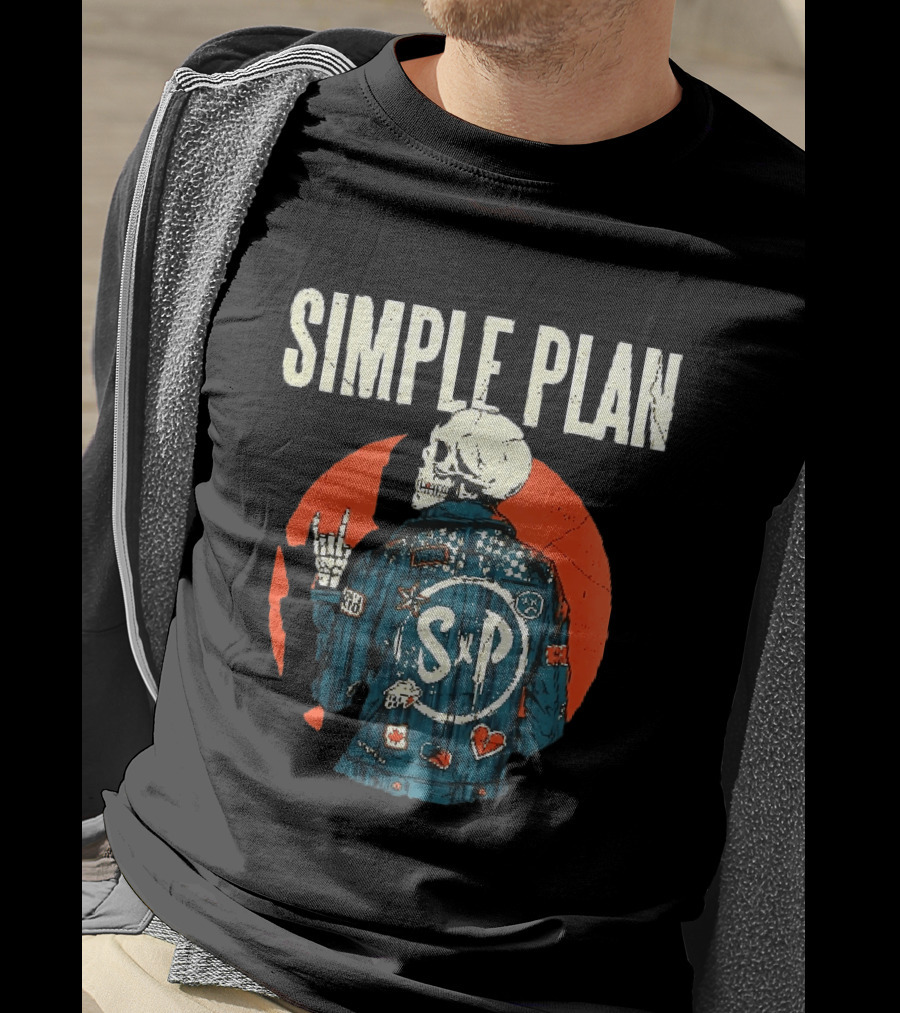 Simple Plan Just A Kid 1999 Skeleton Rock Sign SP Denim Jacket Distressed T-Shirt
