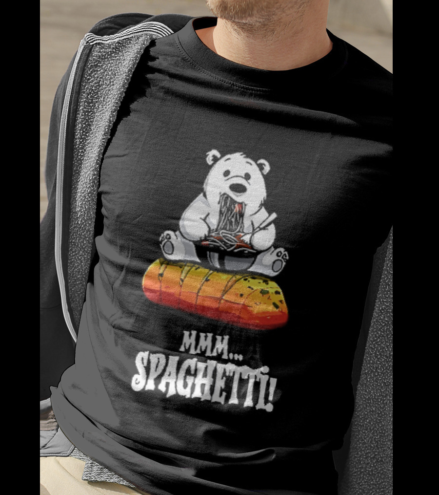 Mmm Spaghetti Cartoon Polar Bear Enjoying Pasta On Garlic Bread T-Shirt