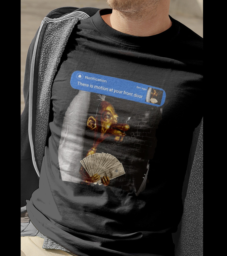 Notification There Is Motion At Your Front Door Golden Figurine With Cash In Hand Dark T-Shirt