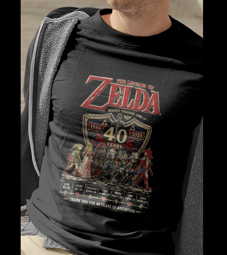 The Legend Of Zelda Heroes Through Time 1986 2026 40 Years Thank You For 40 Years Of Adventure Link Zelda Ganondorf Sheik Midna Impa Sidon T-Shirt