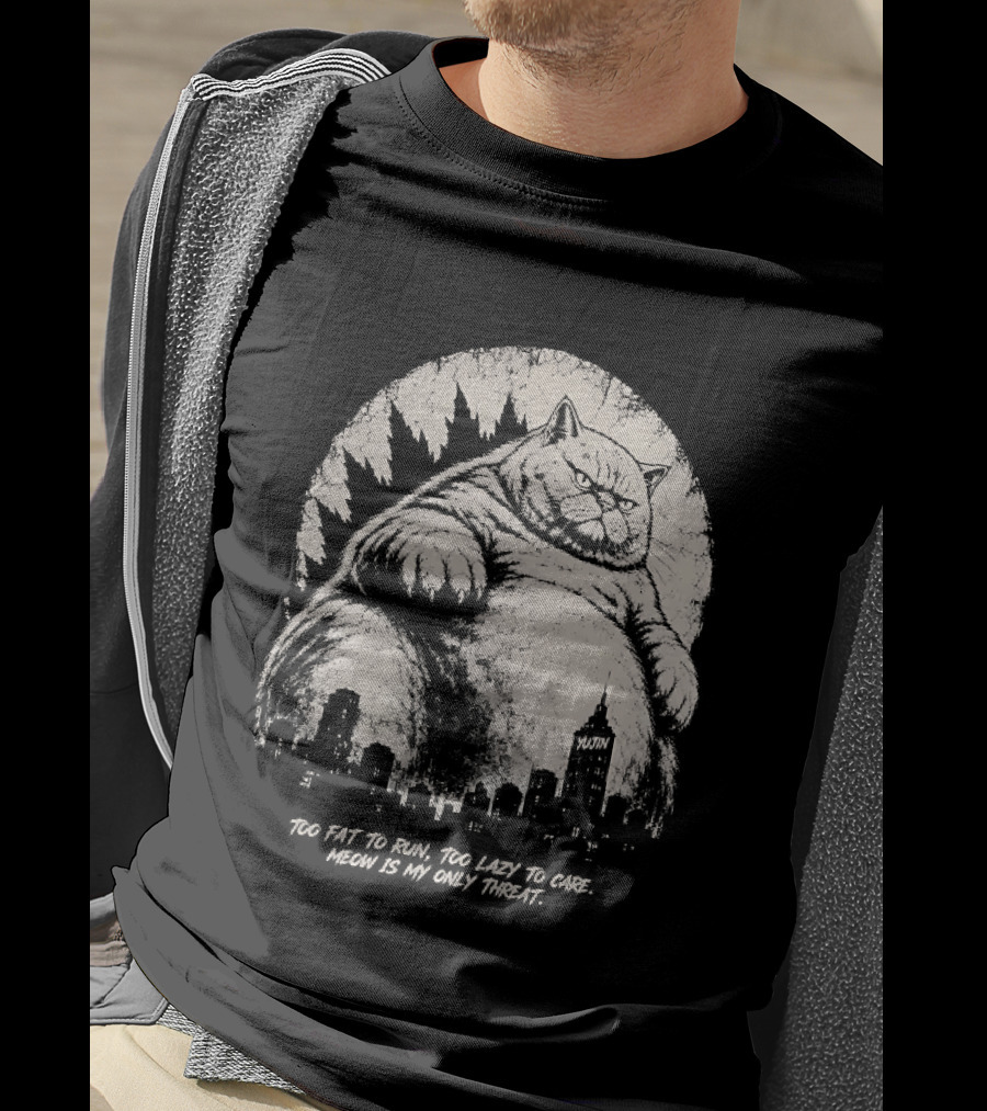 Too Fat To Run Too Lazy To Care Meow Is My Only Threat Cat With City Skyline T-Shirt