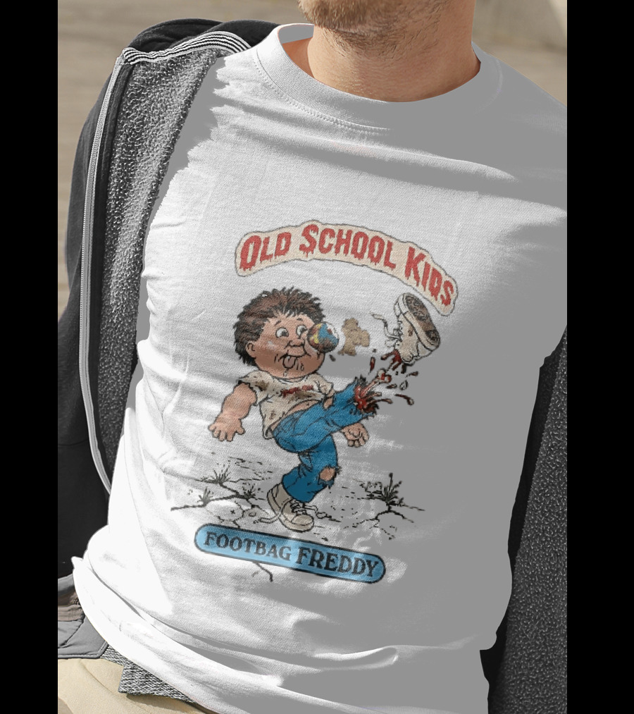 Old School Kids Footbag Freddy Cartoon Caricature Boy Kicking Shoe T-Shirt