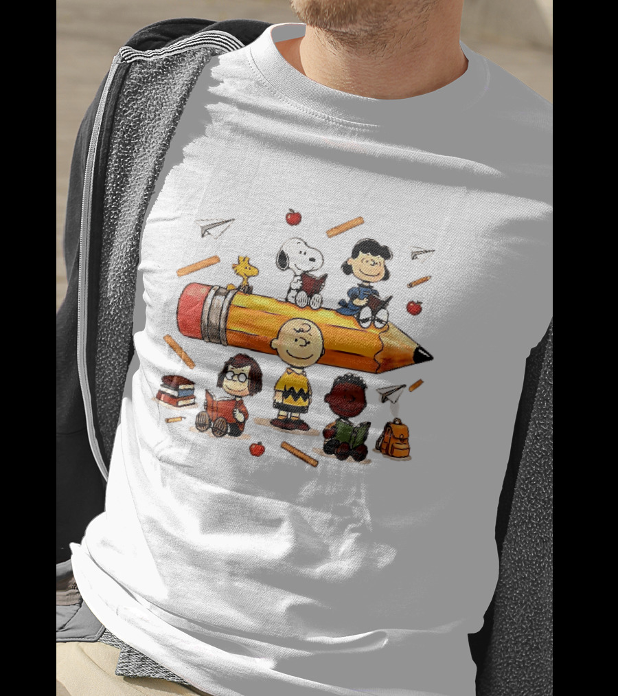 Charlie's Giant Pencil Peanuts Cartoon School Supplies Snoopy Woodstock T-Shirt