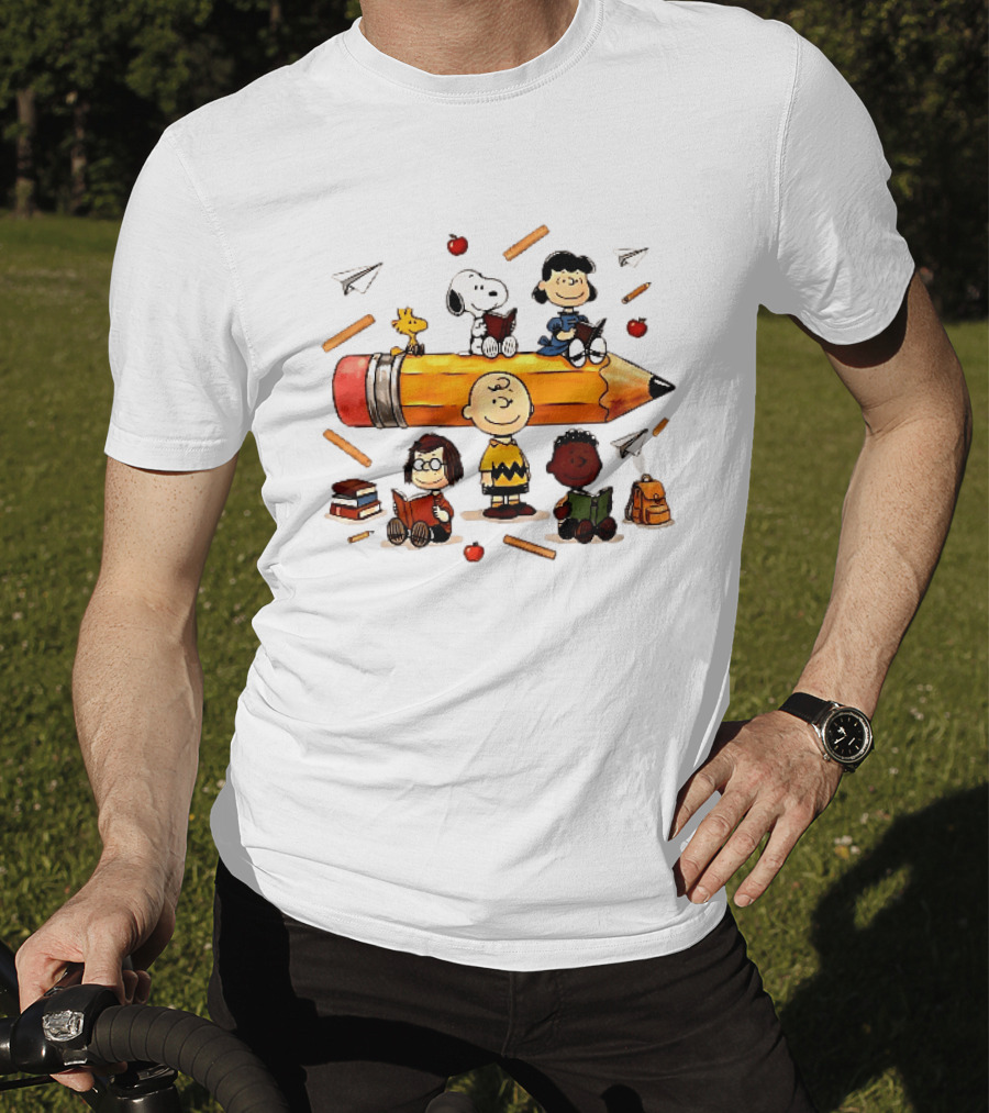 Charlie's Giant Pencil Peanuts Cartoon School Supplies Snoopy Woodstock T-Shirt