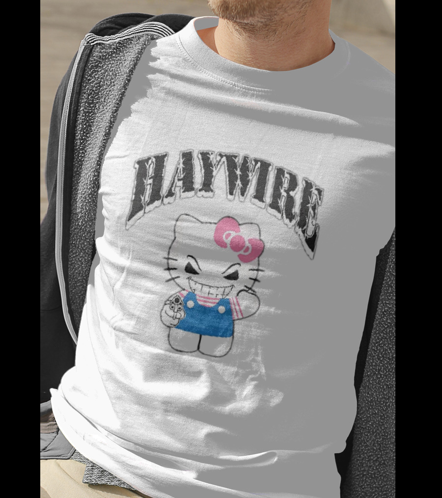 Haywire Hello Kitty Mischievous Grin Pink Bow Blue Overalls T-Shirt
