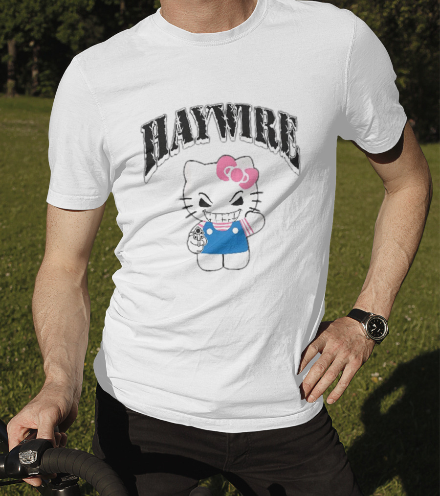 Haywire Hello Kitty Mischievous Grin Pink Bow Blue Overalls T-Shirt