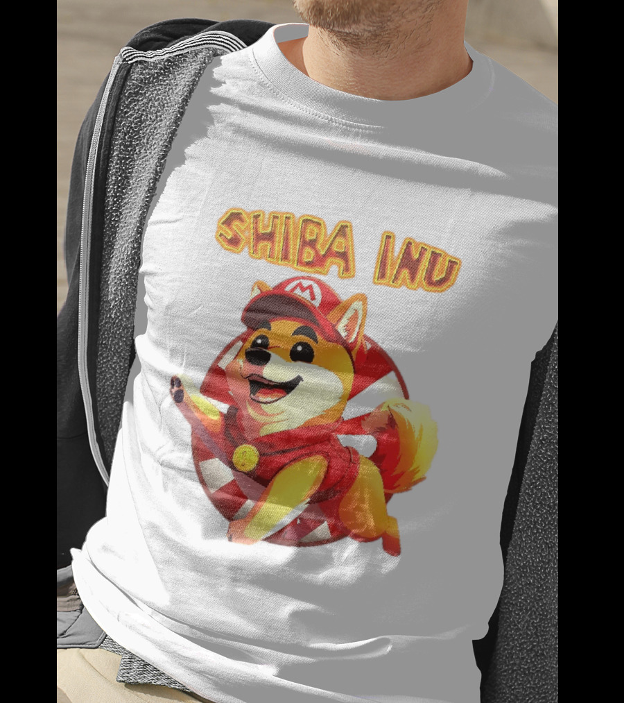 Shiba Inu Cartoon Dog Mario Red Cap Vest Running Striped T-Shirt
