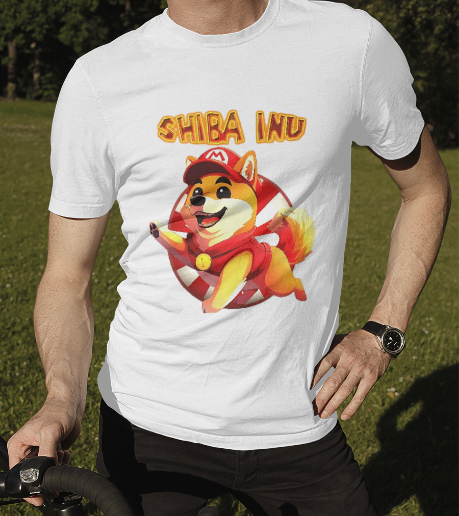 Shiba Inu Cartoon Dog Mario Red Cap Vest Running Striped T-Shirt
