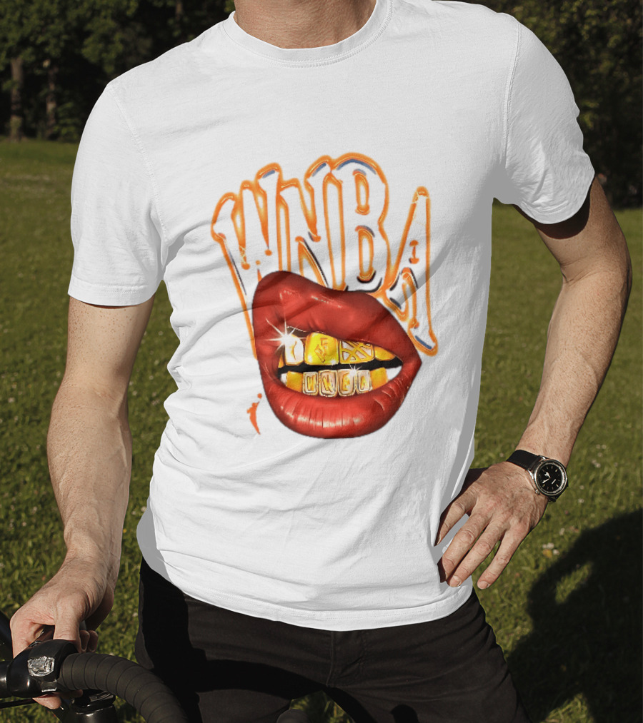 WNBA Red Lips Gold Teeth Grillz Glowing Chrome Lettering T-Shirt