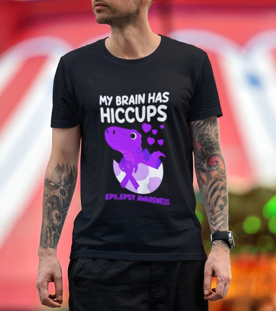My Brain Has Hiccups Epilepsy Awareness Dinosaur Purple Ribbon Eggshell Hearts T-Shirt