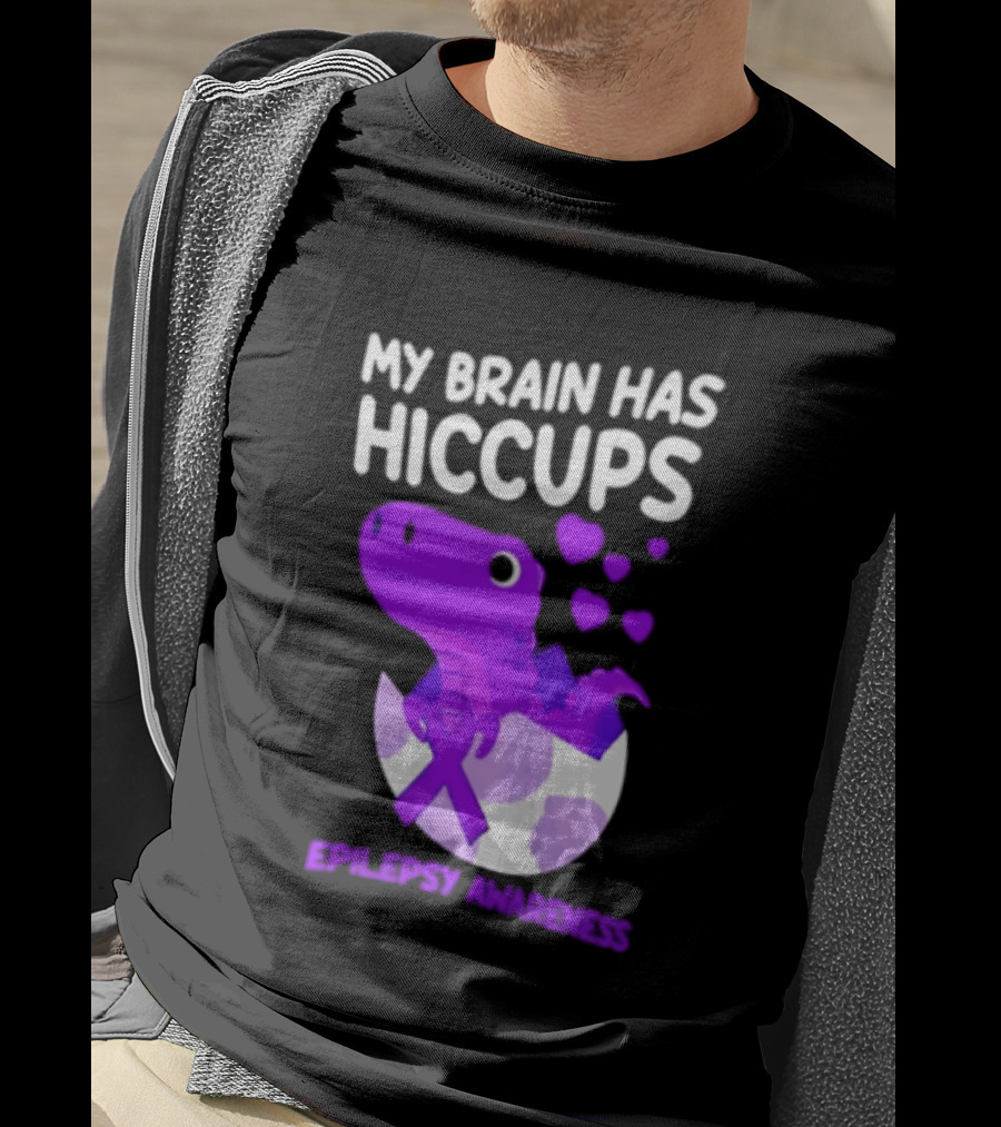 My Brain Has Hiccups Epilepsy Awareness Dinosaur Purple Ribbon Eggshell Hearts T-Shirt