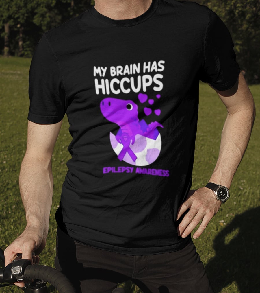 My Brain Has Hiccups Epilepsy Awareness Dinosaur Purple Ribbon Eggshell Hearts T-Shirt