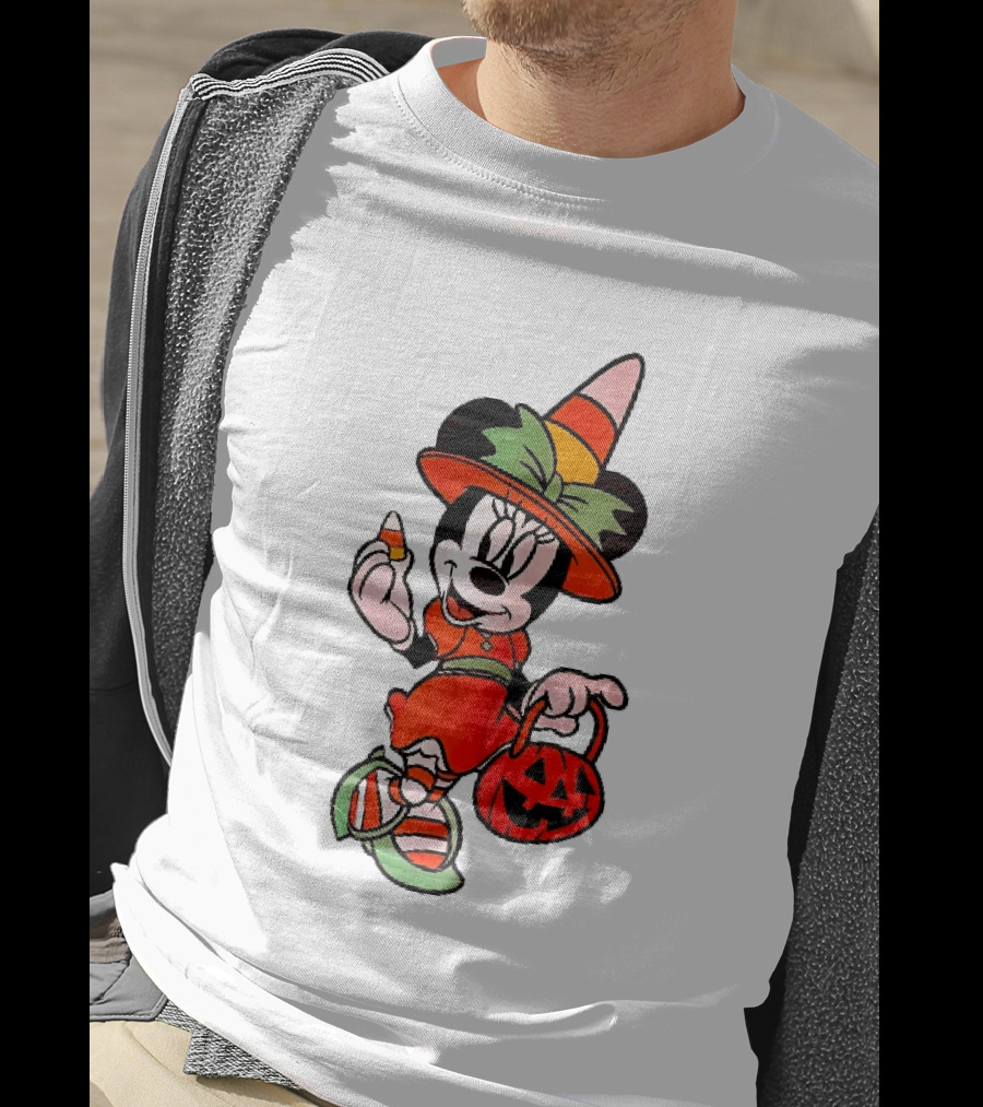 Disney Minnie Mouse Halloween Witch With Candy Corn And Pumpkin Bucket T-Shirt