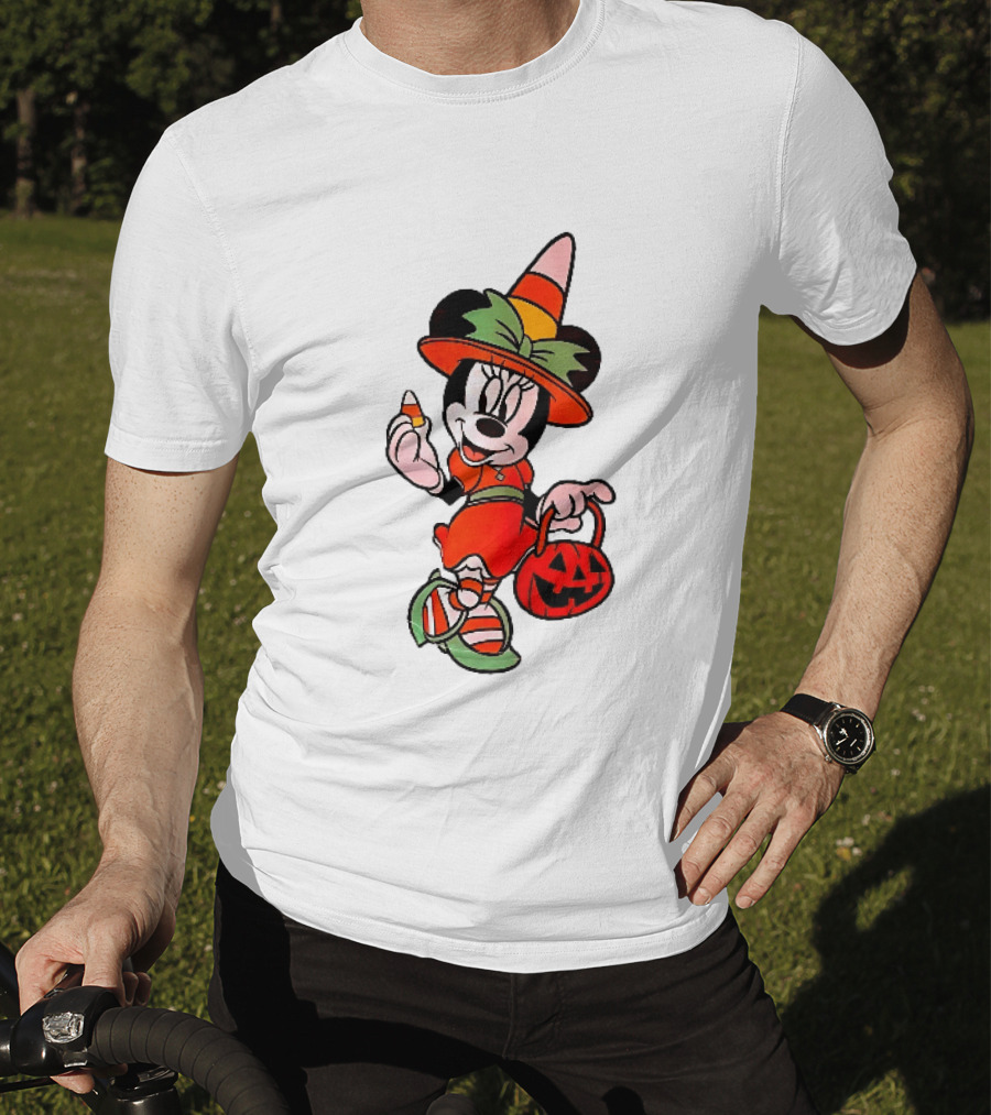 Disney Minnie Mouse Halloween Witch With Candy Corn And Pumpkin Bucket T-Shirt