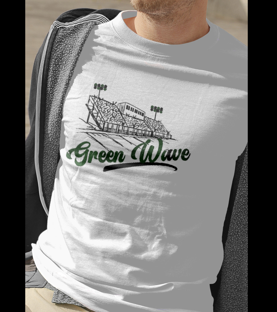 Green Wave Football Stadium Bleachers With Light Poles Sketch T-Shirt