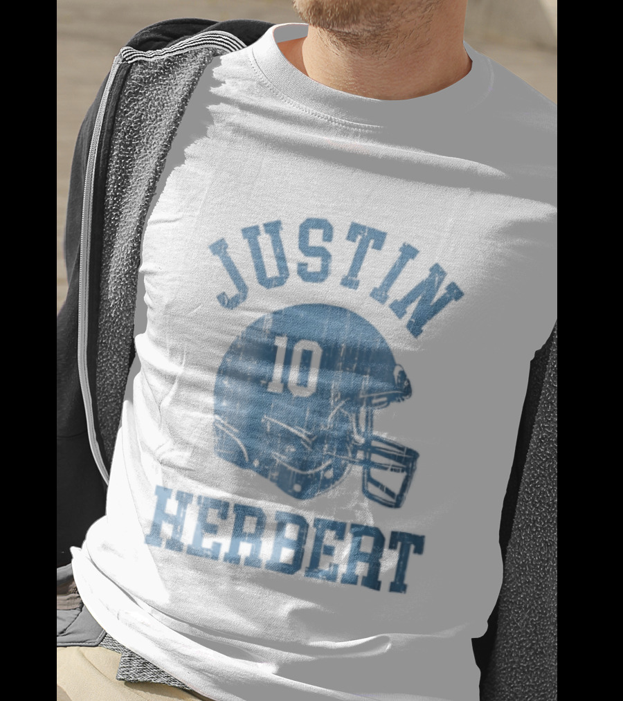 Justin Herbert Distressed Light Blue Football Helmet Number 10 T-Shirt