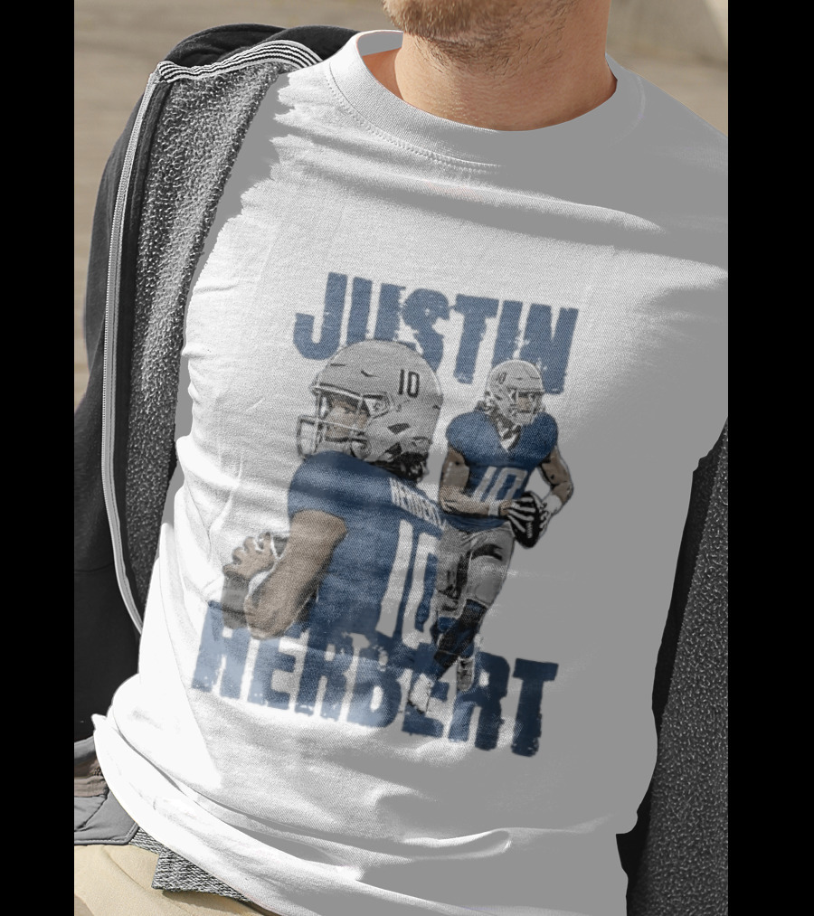 Justin Herbert Quarterback Action Photo Collage Blue Distressed T-Shirt