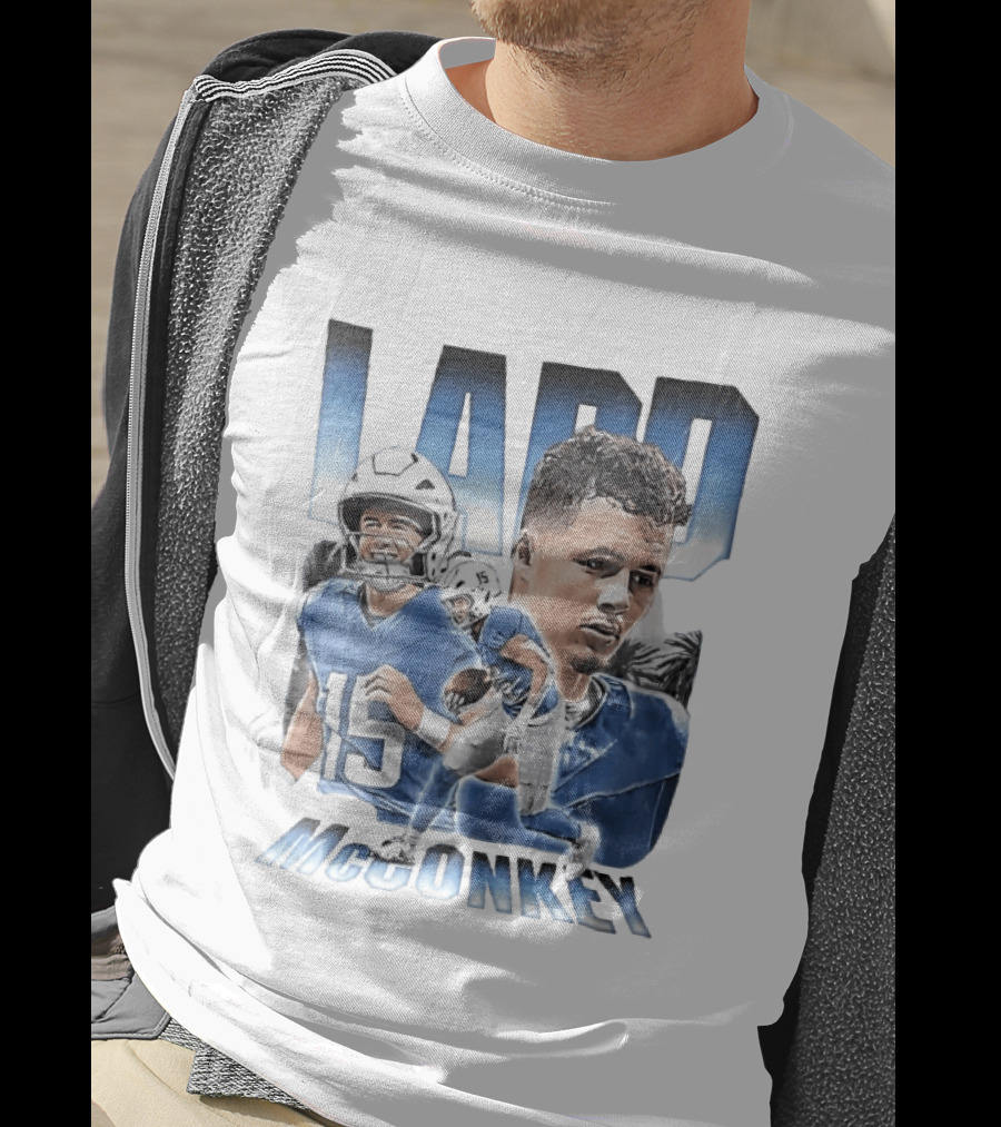Ladd McConkey Number 15 Football Player Blue Jersey Collage T-Shirt