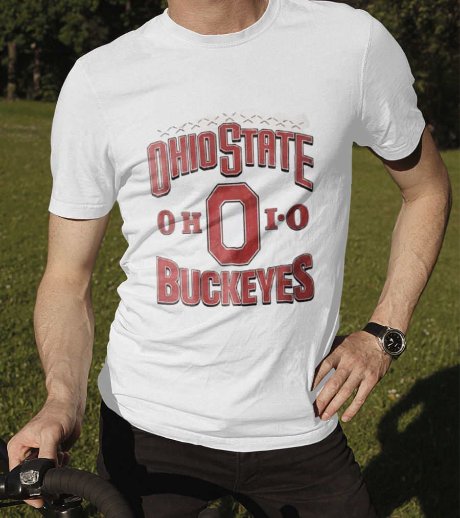 Ohio State Buckeyes NCAA Ohio Block Letter Red Football Laces Arch T-Shirt
