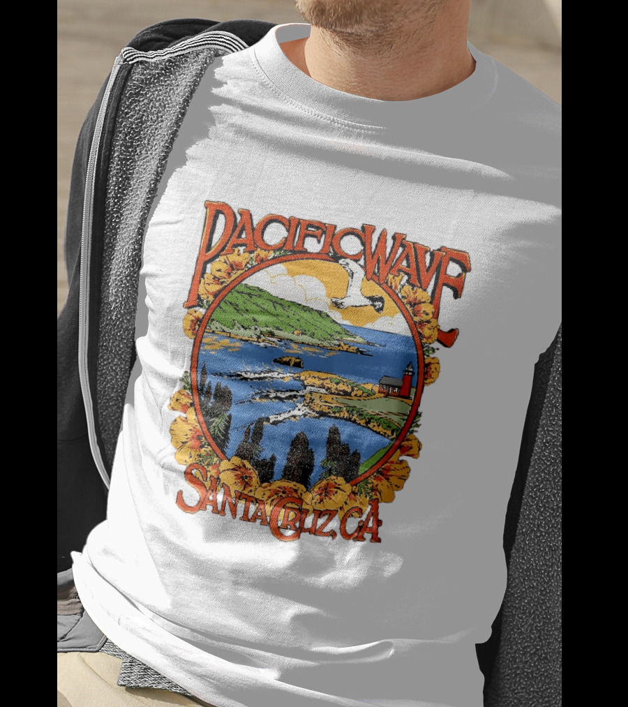 Pacific Wave Santa Cruz CA Coastal Lighthouse Ocean Seagull Flowers Scenic T-Shirt