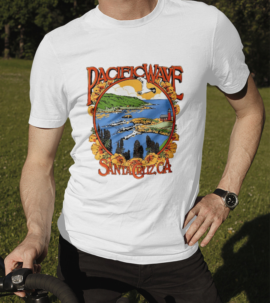 Pacific Wave Santa Cruz CA Coastal Lighthouse Ocean Seagull Flowers Scenic T-Shirt