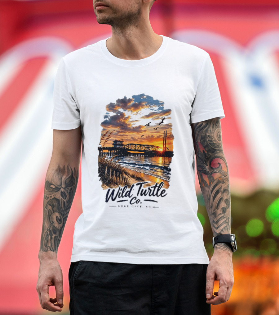 Wild Turtle Co Surf City NC Beach Dunes Pier Sunset Flying Birds T-Shirt