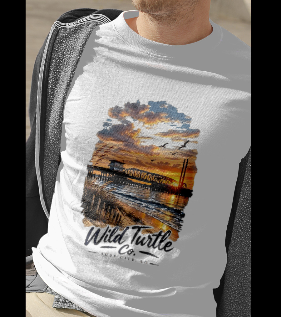Wild Turtle Co Surf City NC Beach Dunes Pier Sunset Flying Birds T-Shirt