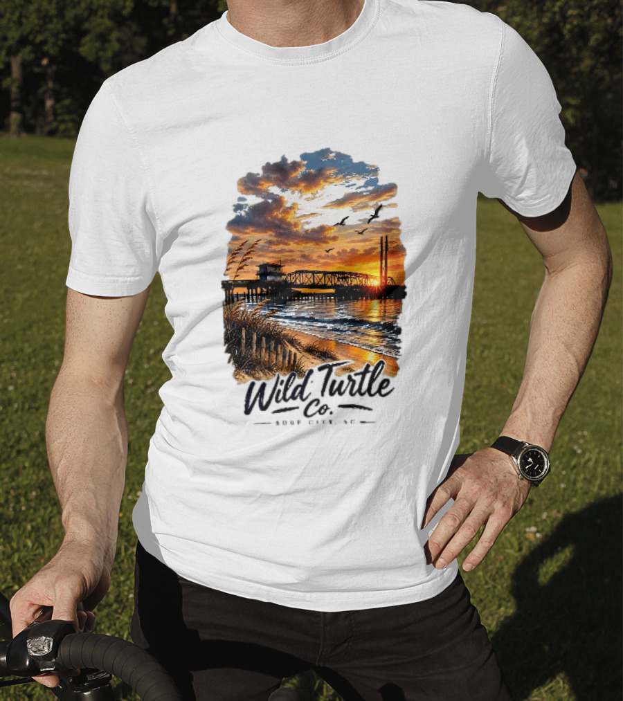 Wild Turtle Co Surf City NC Beach Dunes Pier Sunset Flying Birds T-Shirt