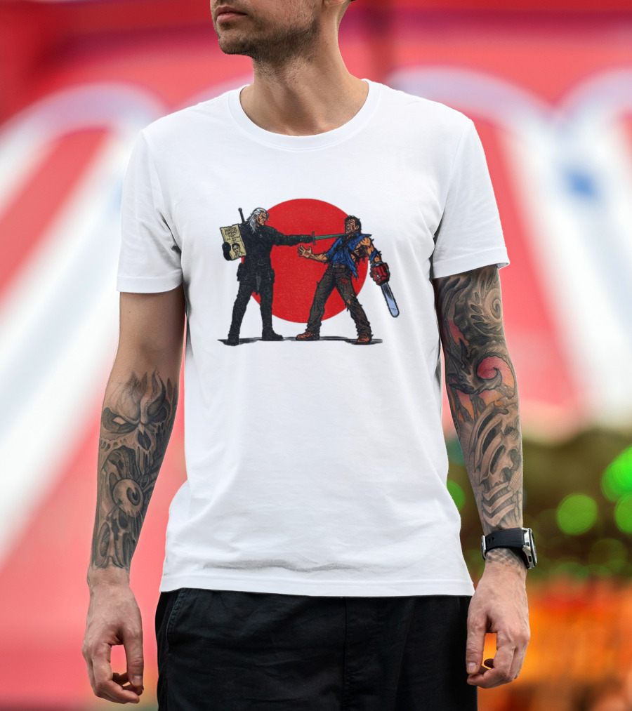 Geralt Vs Ash Evil Dead Or Alive Red Circle Showdown T-Shirt