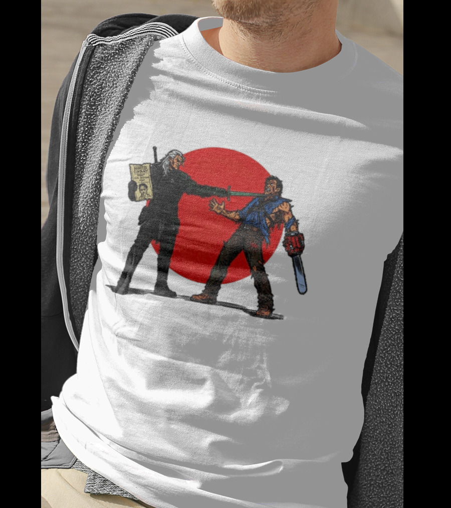 Geralt Vs Ash Evil Dead Or Alive Red Circle Showdown T-Shirt