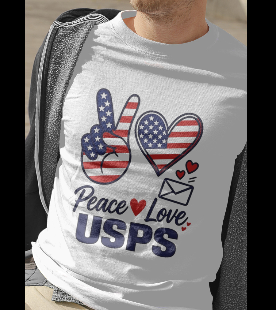 Peace Love USPS American Flag Heart And Mail T-Shirt