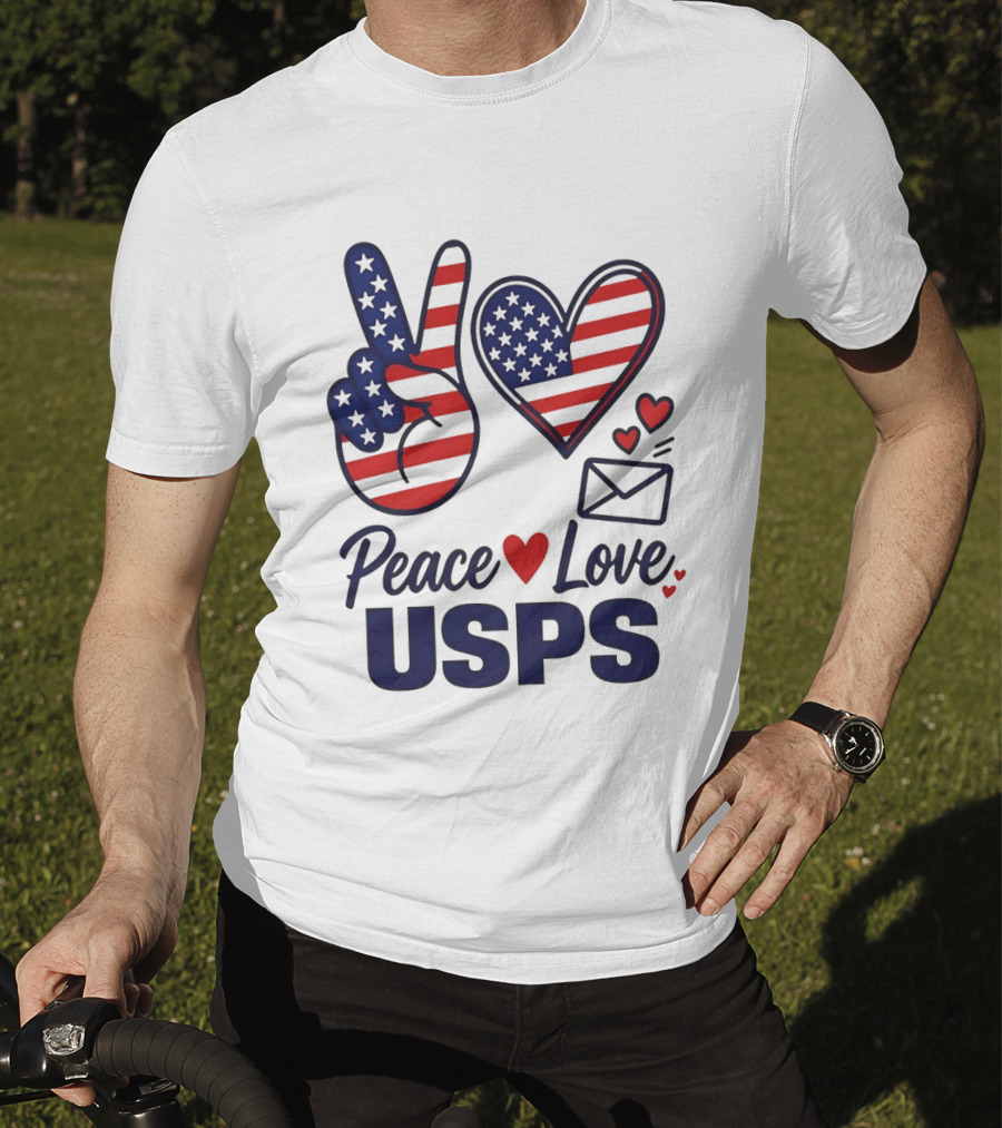 Peace Love USPS American Flag Heart And Mail T-Shirt