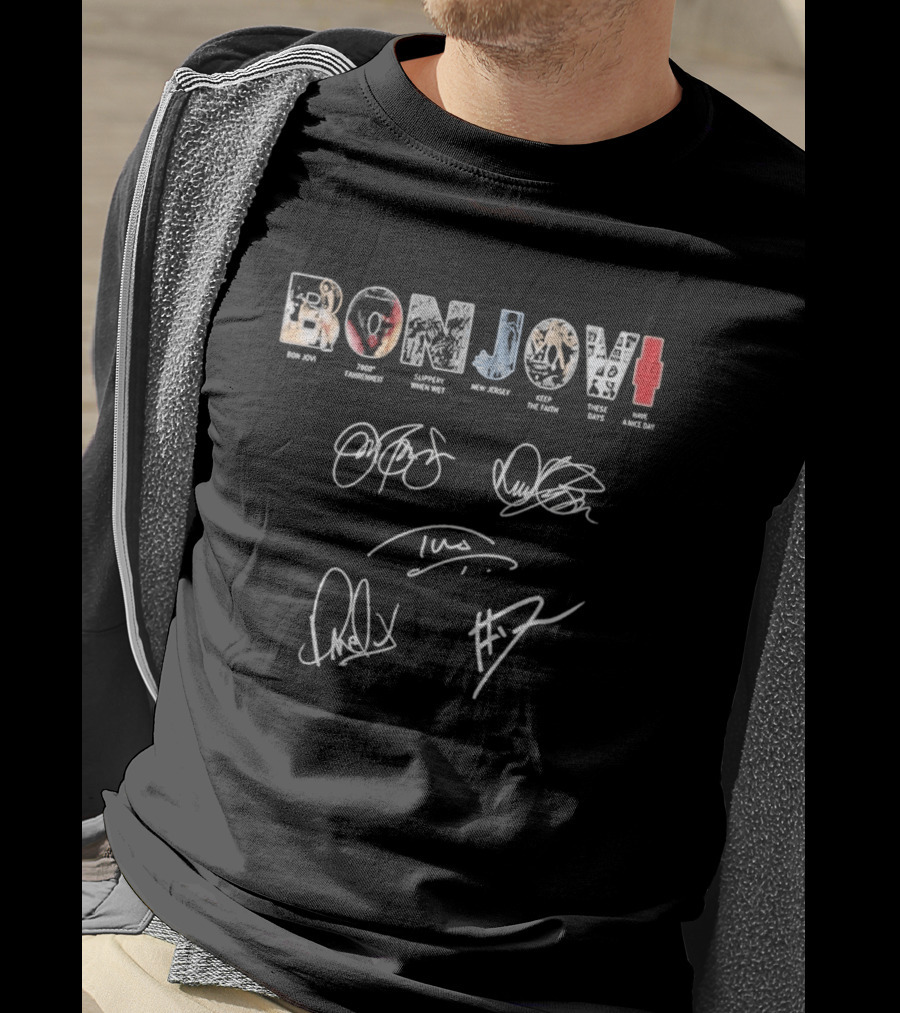 Bon Jovi Albums Cast Signatures Rock Band New Jersey Greatest Hits T-Shirt