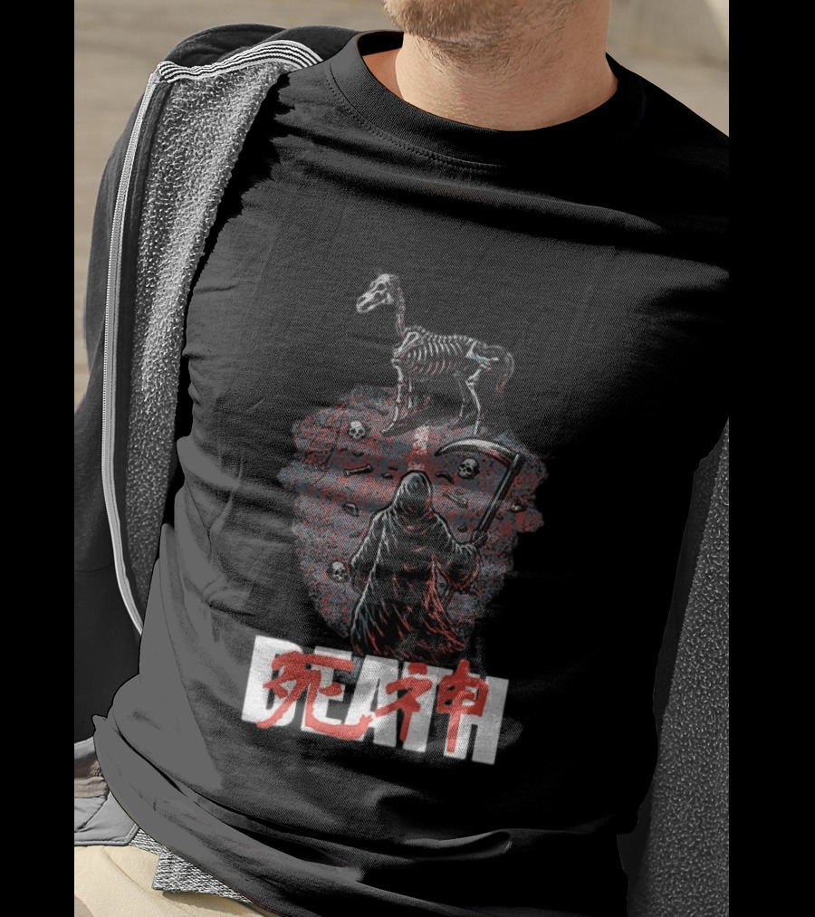 Grim Reaper Death Rider Japanese Kanji Skulls Scythe T-Shirt
