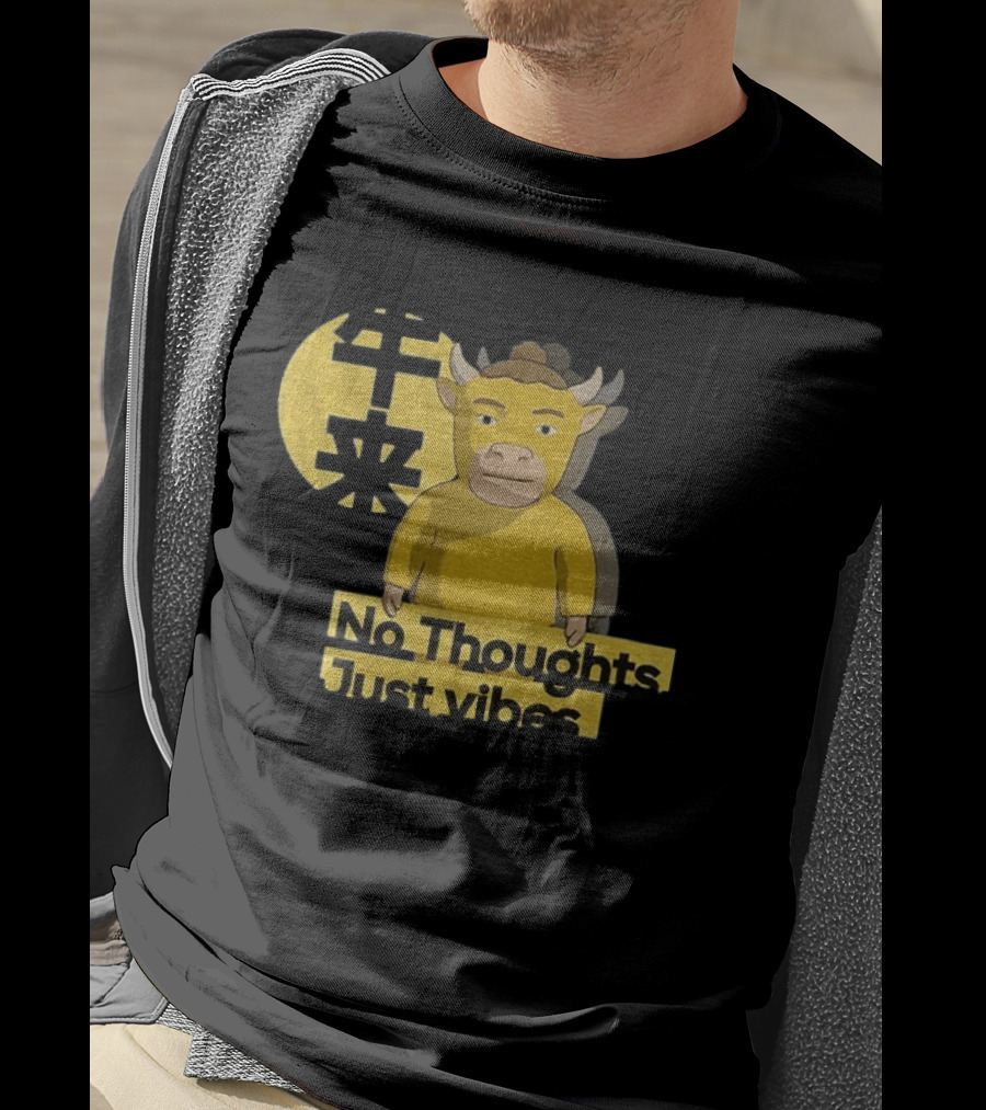Niu Lai No Thoughts Just Vibes Yellow Cow Humor T-Shirt