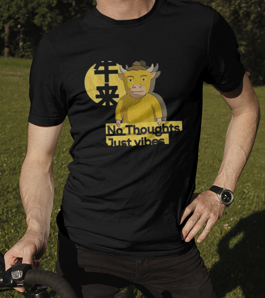 Niu Lai No Thoughts Just Vibes Yellow Cow Humor T-Shirt