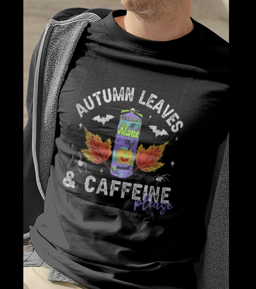 Autumn Leaves Caffeine Please Witchs Brew Energy Drink Can Bats Spiders Orange T-Shirt