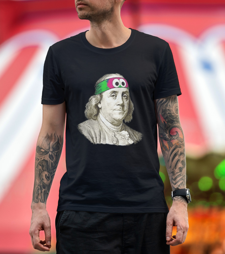 Benjamin Franklin Cartoon With Colorful Ninja Headband And Googly Eyes T-Shirt