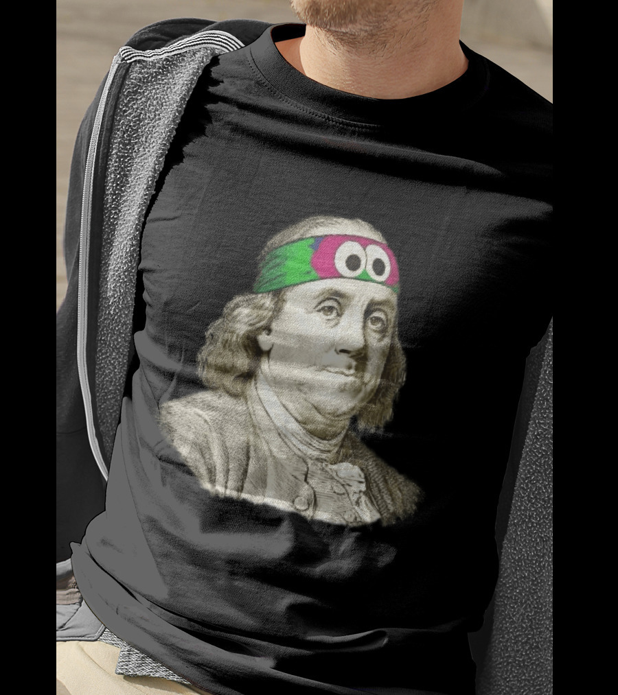 Benjamin Franklin Cartoon With Colorful Ninja Headband And Googly Eyes T-Shirt