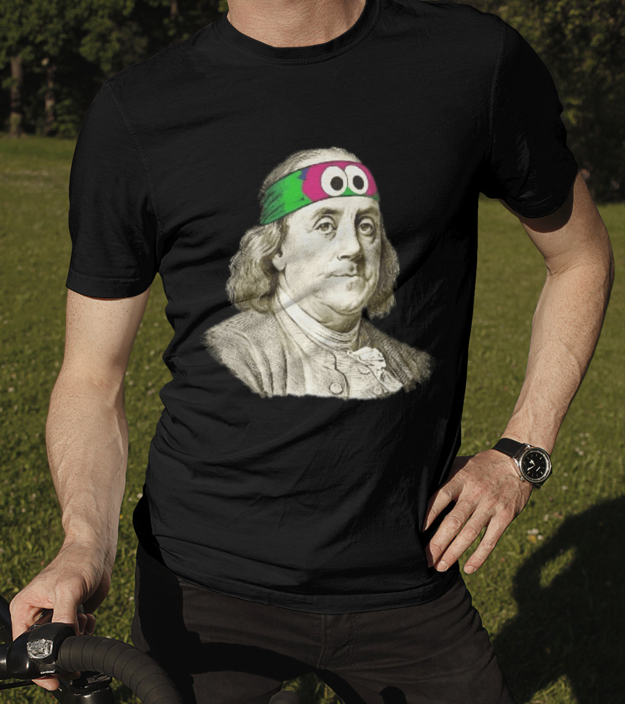 Benjamin Franklin Cartoon With Colorful Ninja Headband And Googly Eyes T-Shirt