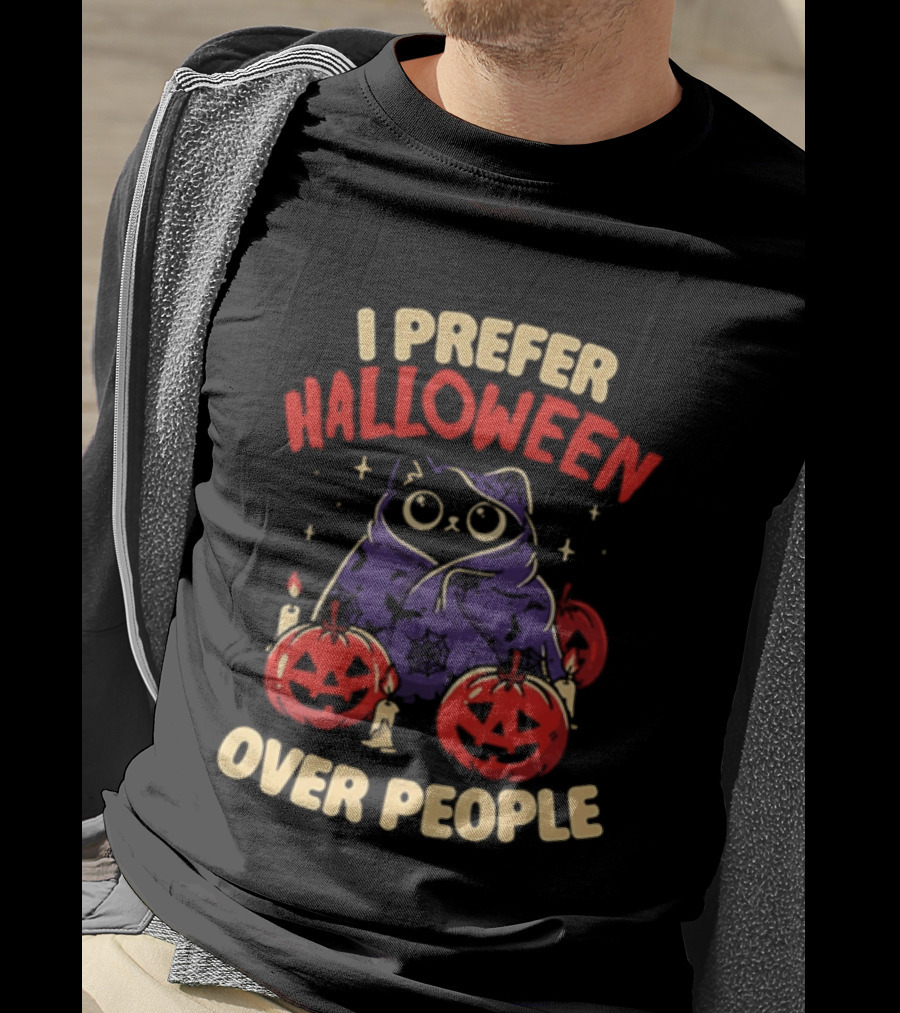 I Prefer Halloween Over People Black Cat Pumpkin Candles T-Shirt