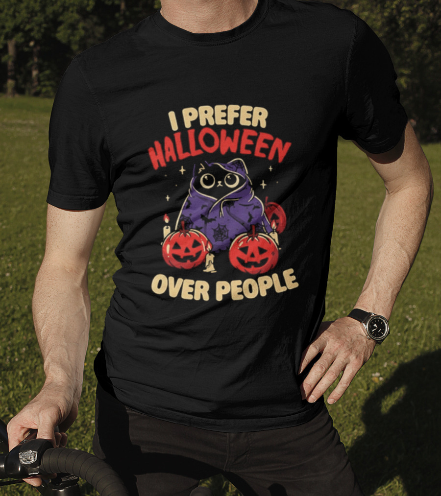 I Prefer Halloween Over People Black Cat Pumpkin Candles T-Shirt