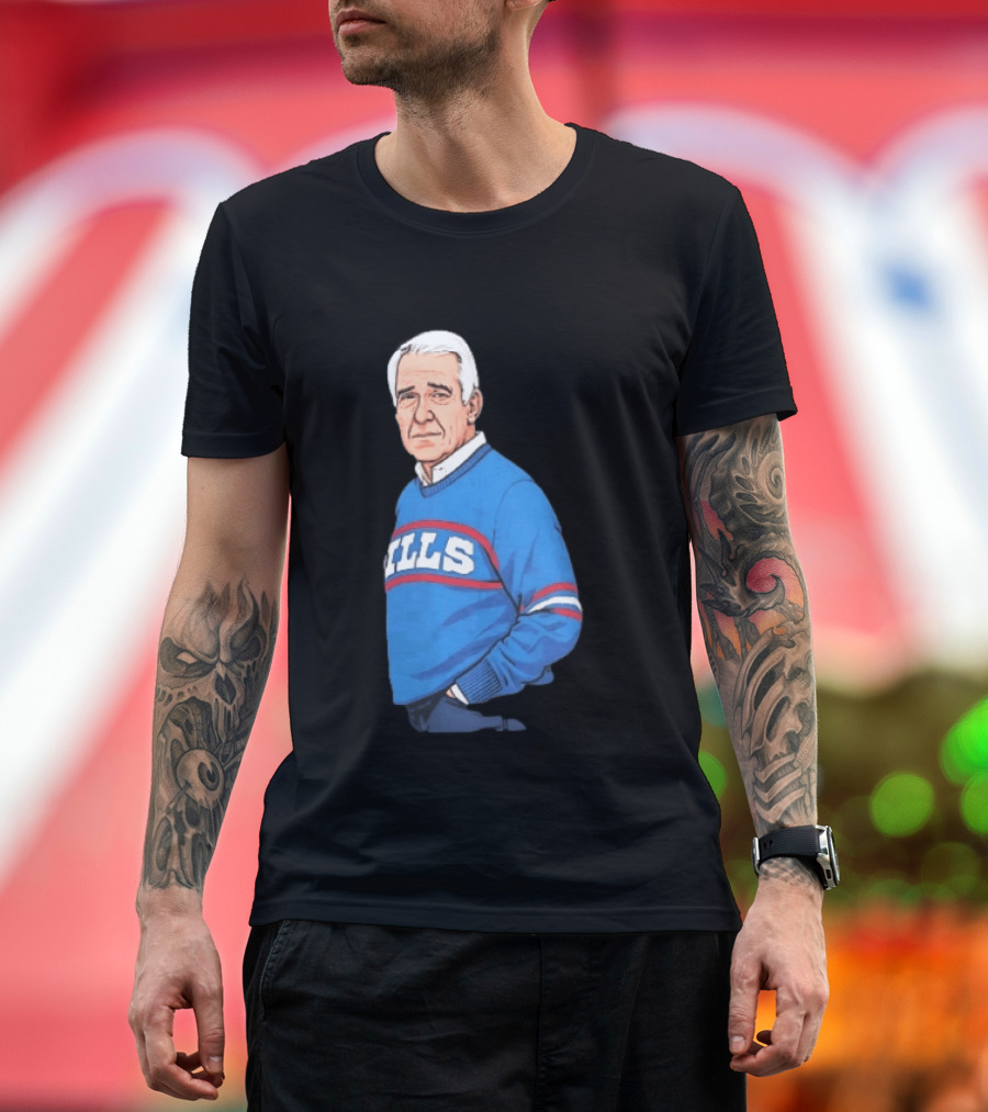 Buffalo Bills Coach Marv Levy Caricature In Blue Sweater With Team Name T-Shirt
