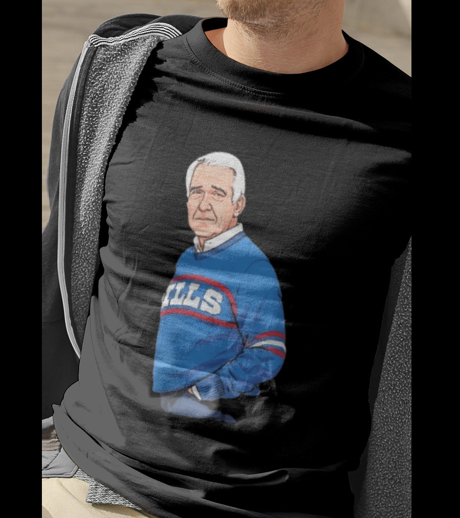 Buffalo Bills Coach Marv Levy Caricature In Blue Sweater With Team Name T-Shirt