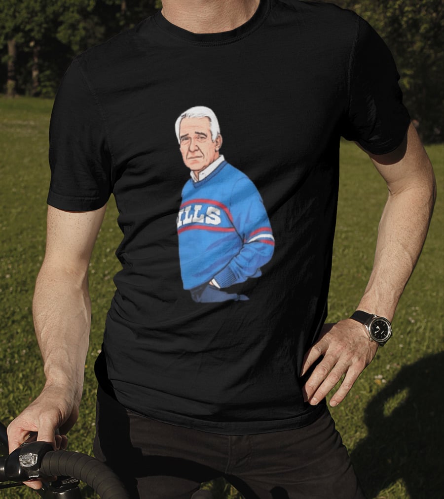 Buffalo Bills Coach Marv Levy Caricature In Blue Sweater With Team Name T-Shirt