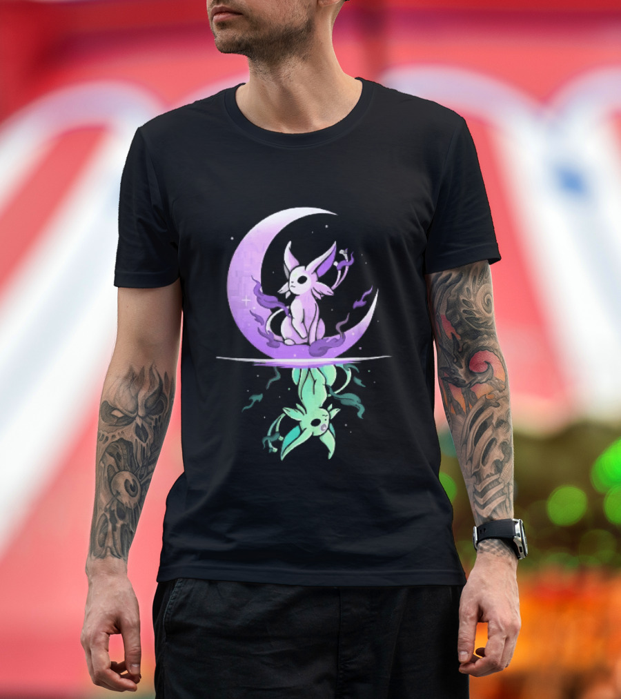 Cartoon Purple Espeon On Crescent Moon With Green Reflection T-Shirt