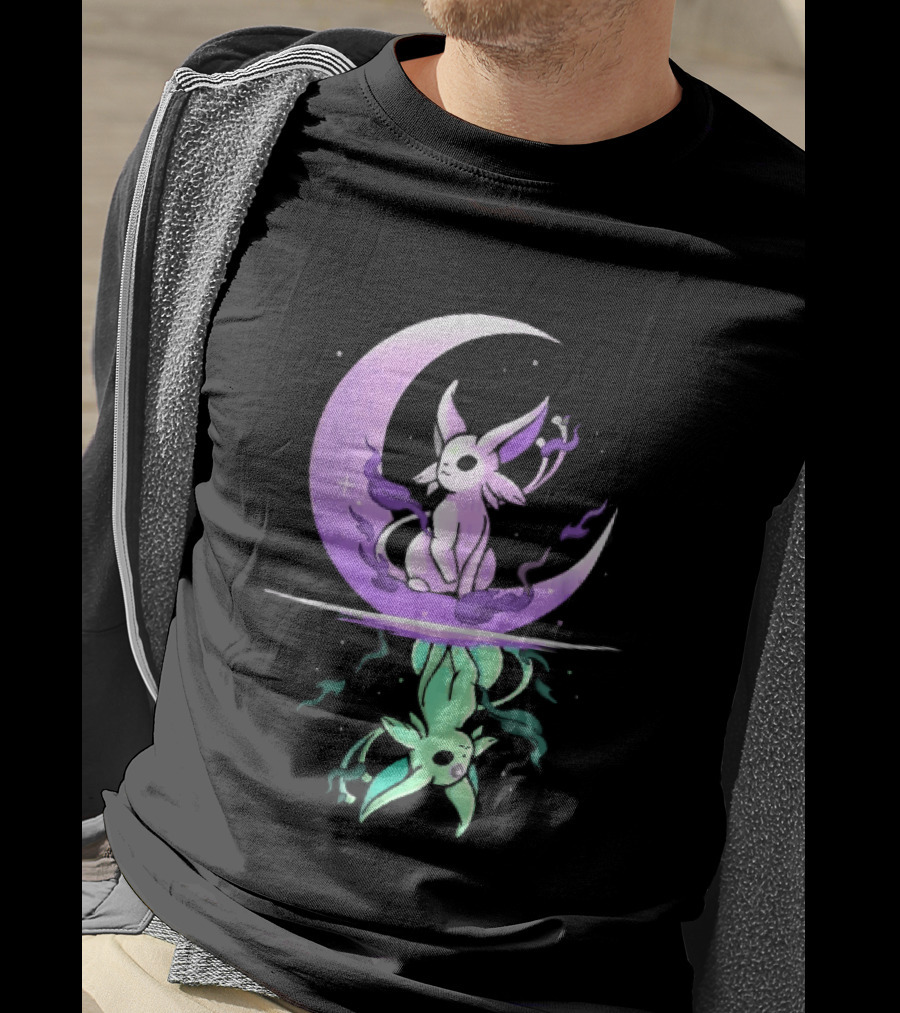 Cartoon Purple Espeon On Crescent Moon With Green Reflection T-Shirt