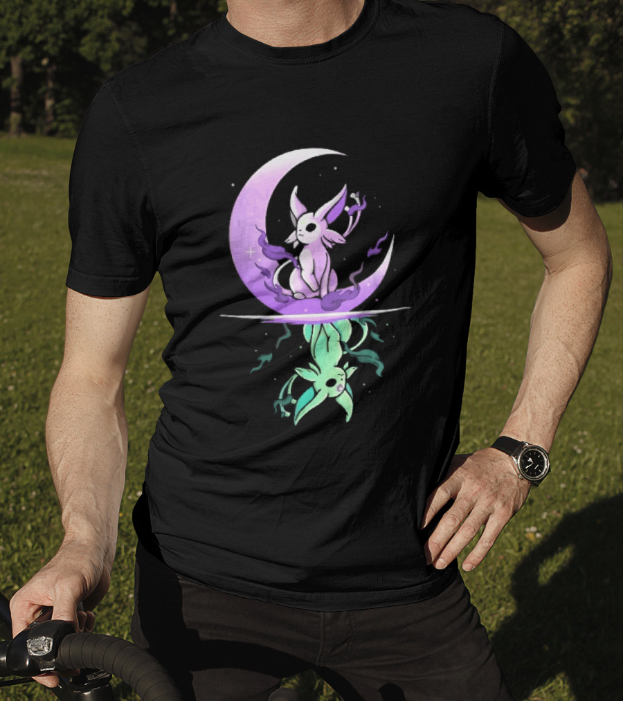 Cartoon Purple Espeon On Crescent Moon With Green Reflection T-Shirt